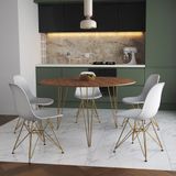 Mesa Jantar Redonda 110cm Amêndoa Clips 3 Pés Com 5 Cadeiras Brancas Base Dourada - Cor: Amendoa