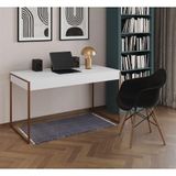 Escrivaninha Home Office Estilo Industrial Branca 137x53cm Base Cobre Com 1 Poltrona Preta