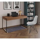 Escrivaninha Industrial Escritório Malta Amêndoa 137x53cm Com 1 Cadeira Branca Base Fer Cor: Amendoa