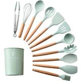 Kit 12 Utensílios Cozinha Em Silicone E Cabo Madeira Verde