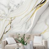 Papel De Parede Painel 3d Mármore Branco Com Ouro 3m