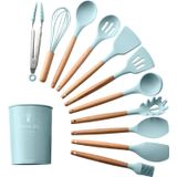 Kit 12 Utensílios De Cozinha Em Silicone E Cabo De Madeira Azul - Booglee