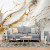 Papel De Parede Painel 3d Mármore Branco Fio Dourado 4m