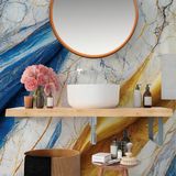 Papel De Parede Painel 3d Mármore Branco Azul Dourado 1,5m
