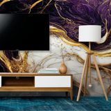 Papel De Parede Painel 3d Mármore Branco Ouro Roxo 3,5m
