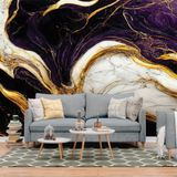 Papel De Parede Painel 3d Mármore Branco Ouro Roxo 4m