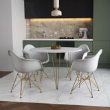 Mesa Jantar Redonda 110cm Branca Clips 3 Pés Com 4 Poltronas Brancas Base Dourada Branco