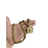 Cordão Cadeado 14mm Pingente Sagrado Coração Banhado A Ouro