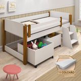 Cama Naty Solteira Design Infantil Com Nichos E Colchão Branco/amêndoa Branco