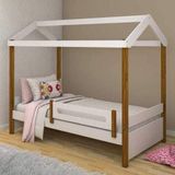 Cama Solteiro Com Led Casinha Montessoriana Eliz Com Grade De Proteção Branco/mel - Cor: Branco