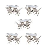Kit 5 Jogos De Mesa Dobravel Com 4 Cadeiras De Madeira 120x70 Para Restaurante E Bar- Sem Pintura