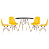 Mesa Redonda Eames 100 Cm Preto + 4 Cadeiras Estofadas Eiffel Botonê Amarelo Amarelo