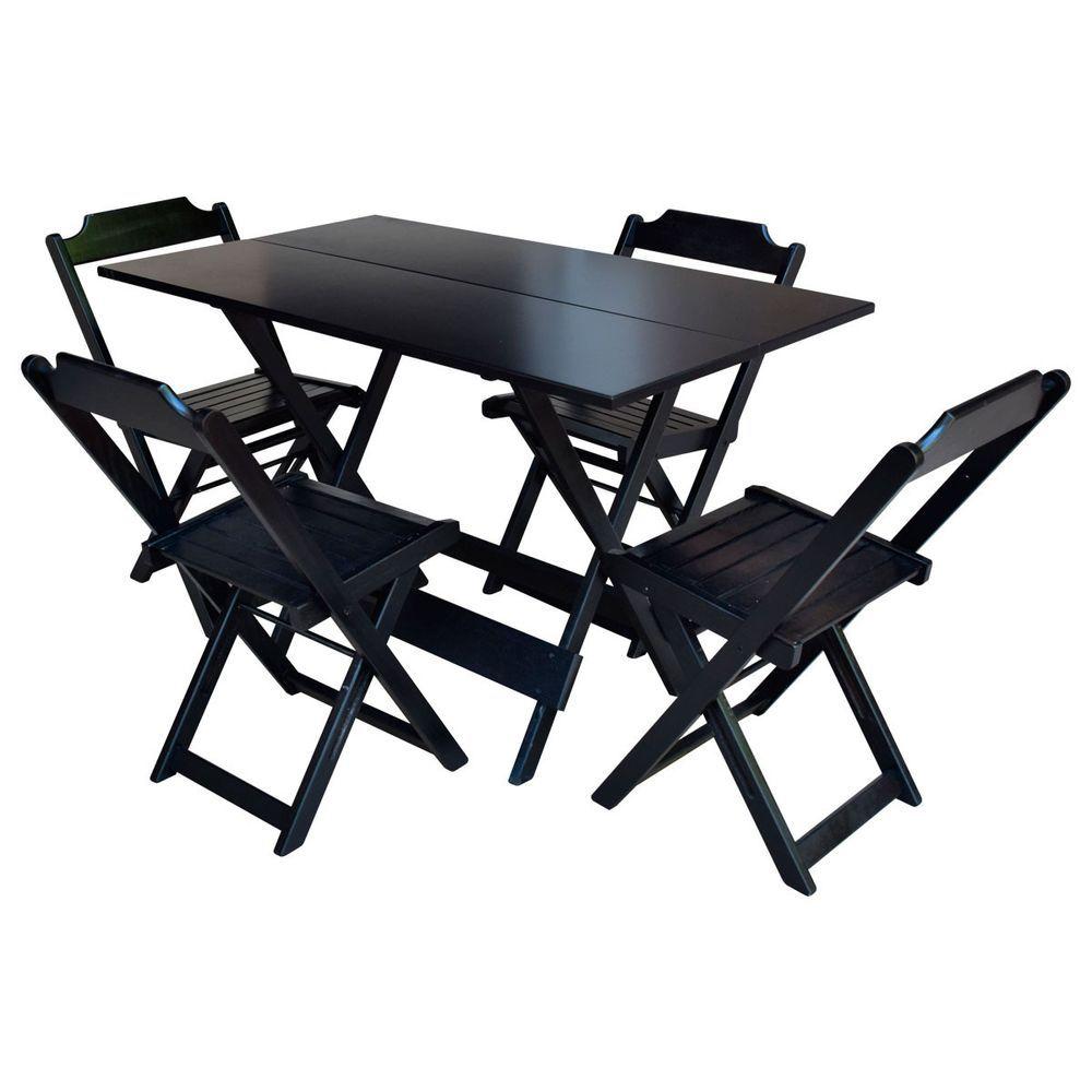 Conjunto De Mesa Com 4 Cadeiras De Madeira Dobravel 120x70 Preto - Preto