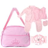 Kit Saida Maternidade Com Roupa E Bolsa Para Bebê Rosa Rn