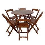 Mesa Dobrável De Madeira Redonda 90cm Com 6 Cadeiras Imbuia - Cor: Marrom