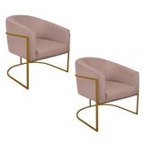 Kit 02 Poltronas Luiza Base De Ferro Dourado Linho - Amarena Móveis Cor Rosê