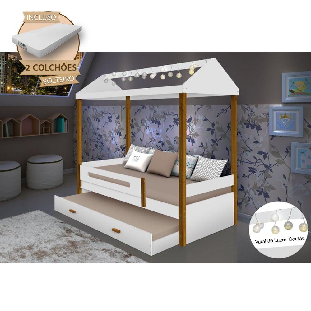 Beliche Montessoriana Infantil Sara Solteiro C/ Led E Colchões - Branco/amêndoa Branco