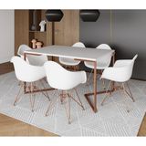 Mesa Industrial Jantar Branca 137x90cm Base Cobre V Com 6 Poltronas Brancas Base Cobre Cobre