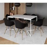 Mesa Jantar Industrial Retangular Branca 137x90cm Base V Ferro Branco C/6 Poltronas Preta Ma Branco