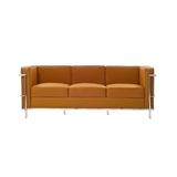 Sofa Le Corbusier 3 Lugares Cromado Em Couro Natural Caramelo - Cor: Amarelo