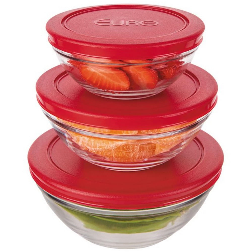 Conjunto De Potes Redondos 3 Peças Euro Home Em Vidro Com Tampa Em Polietileno
