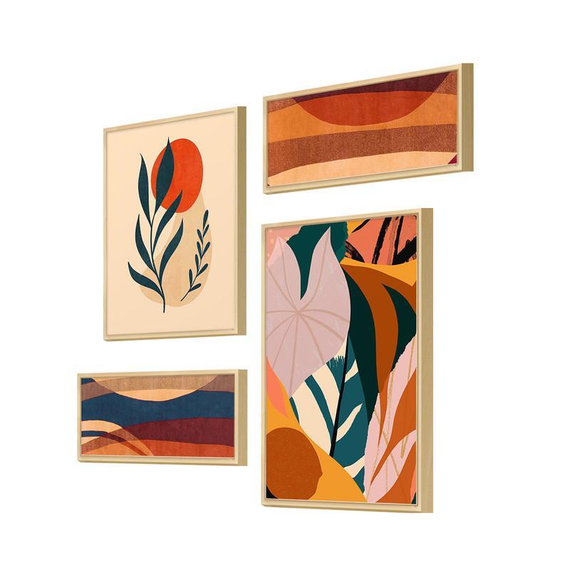 Composição De 4 Quadros Abstrato Boho Laranja Decorativo