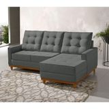 Sofá Com Chaise Base Madeira Maciça Ibiza 2,10 M Linho Cinza Escuro - Cor: Cinza