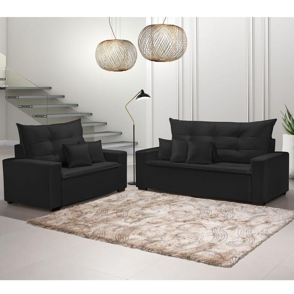 Conjunto Sofás Hamburgo 3 E 2 Lugares Com 5 Almofadas Veludo Preto - Cor: Preto