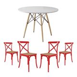 Jogo De Mesa Eiffel Redondo Tampo De Madeira 110cm Branco Com 4 Cadeiras Katrina Vermelhao Be