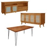 Conjunto Sala Estar Aparador Buffet Deltan Com Rack Para Tv + Mesa Industrial Madeira Maciça Marrom