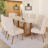 Conjunto Sala De Jantar Tampo Mdf/vidro 8 Cadeiras Michelle Nature/off White/linho