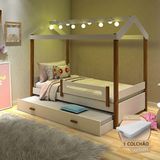 Cama Solteiro Com Auxiliar E Led Casinha Montessoriana Eliz Branco/mel + 2 Colchões Branco