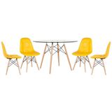 Mesa Eames Com Tampo De Vidro 120 Cm + 4 Cadeiras Estofadas Eiffel Botonê Amarelo Amarelo