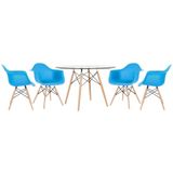 Mesa Redonda Eames Com Tampo De Vidro 120 Cm + 4 Cadeiras Eiffel Daw Azul Céu Azul Céu