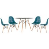 Mesa Eames Com Tampo De Vidro 120 Cm + 4 Cadeiras Estofadas Eiffel Botonê Turquesa Turquesa