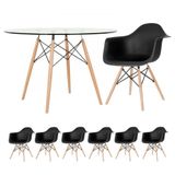 Mesa Redonda Eames Com Tampo De Vidro 120 Cm + 6 Cadeiras Eiffel Daw Preto Preto