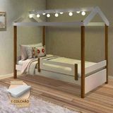 Cama Montessoriana Solteiro Casinha Eliz Com Led Grade De Proteção E Colchão Branca/mel - Branco