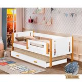 Cama Infantil Solteiro Mirela Com Cama Auxiliar E Grade De Proteção + Colchões Branca/mel
