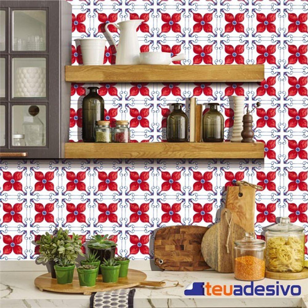 Papel De Parede Azulejo Cozinha Português Lávavel Vermelho 3m