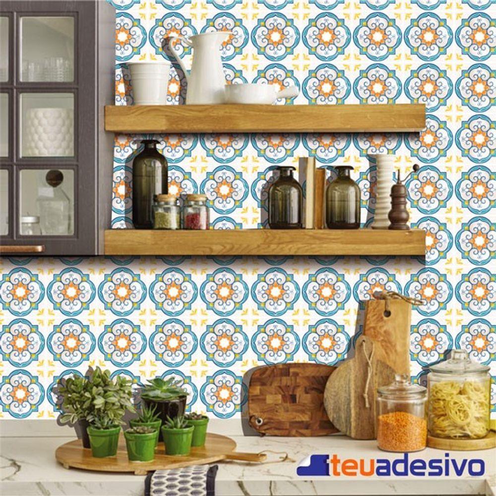 Papel De Parede Azulejo Cozinha Português Lávavel Laranja 3m