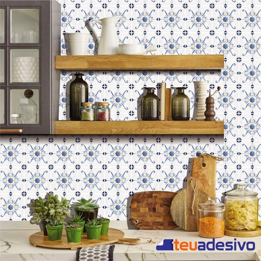 Papel De Parede Azulejo Cozinha Português Lávavel Azul 3m