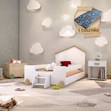 Cama De Criança Infantil Com Colchão E Escadinha Solteiro Ayla Branca E Natural Branco