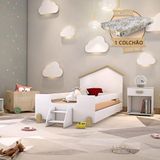 Cama Infantil Montessoriana Com Colchão E Escadinha Juvenil Ayla - Branca E Natural - Branco