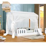 Cama Infantil Com Colchão Casal Ágatha Branca/amêndoa Com Escorregador E Voal Branco Divaloto Branco