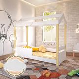 Cama Montessoriana Infantil Casinha Solteiro Grade Branca Jhulia Branco E Natural Acompanha Luminária Branco