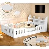 Cama Casal Casinha Montessoriana Ágatha Com Colchão Branco/mel Branco