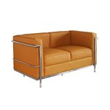 Sofa Le Corbusier De 2 Lugares Inox E Couro Natural Caramelo Cor Amarelo