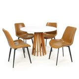 Mesa De Jantar Redonda Talia Branca Amadeirada 100cm Com 4 Cadeiras Estofadas Chicago - Marrom