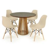 Conjunto Mesa De Jantar Redonda Luana Amadeirada Natural 100cm Com 4 Cadeiras Eames Eiffel - Nude