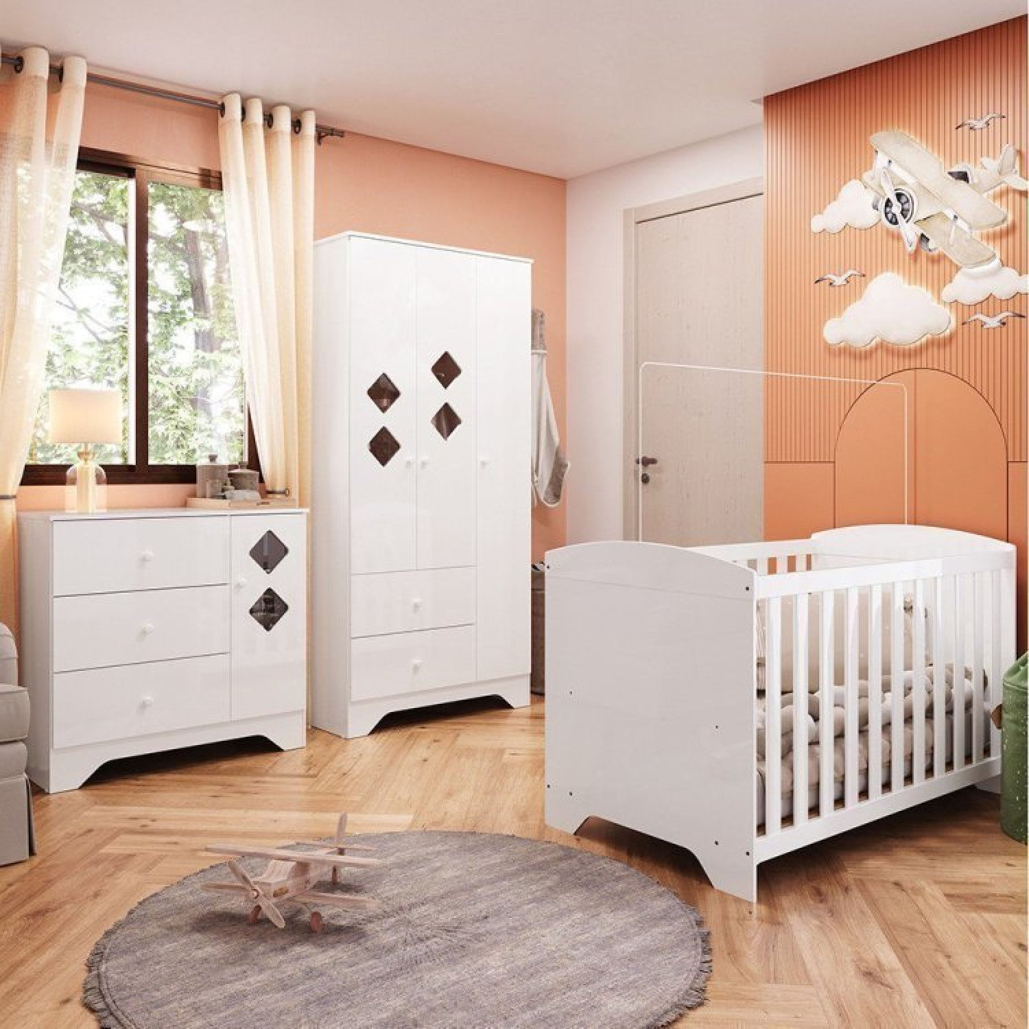 Quarto De Bebê Guarda Roupa Cômoda Com Janelas Losango E Berço Americano Ayla Espresso Móveis